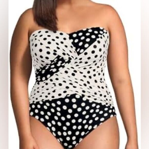 Land's End one piece swimsuit Bandeau slender suit black egret tossed dots Var - Picture 2 of 7